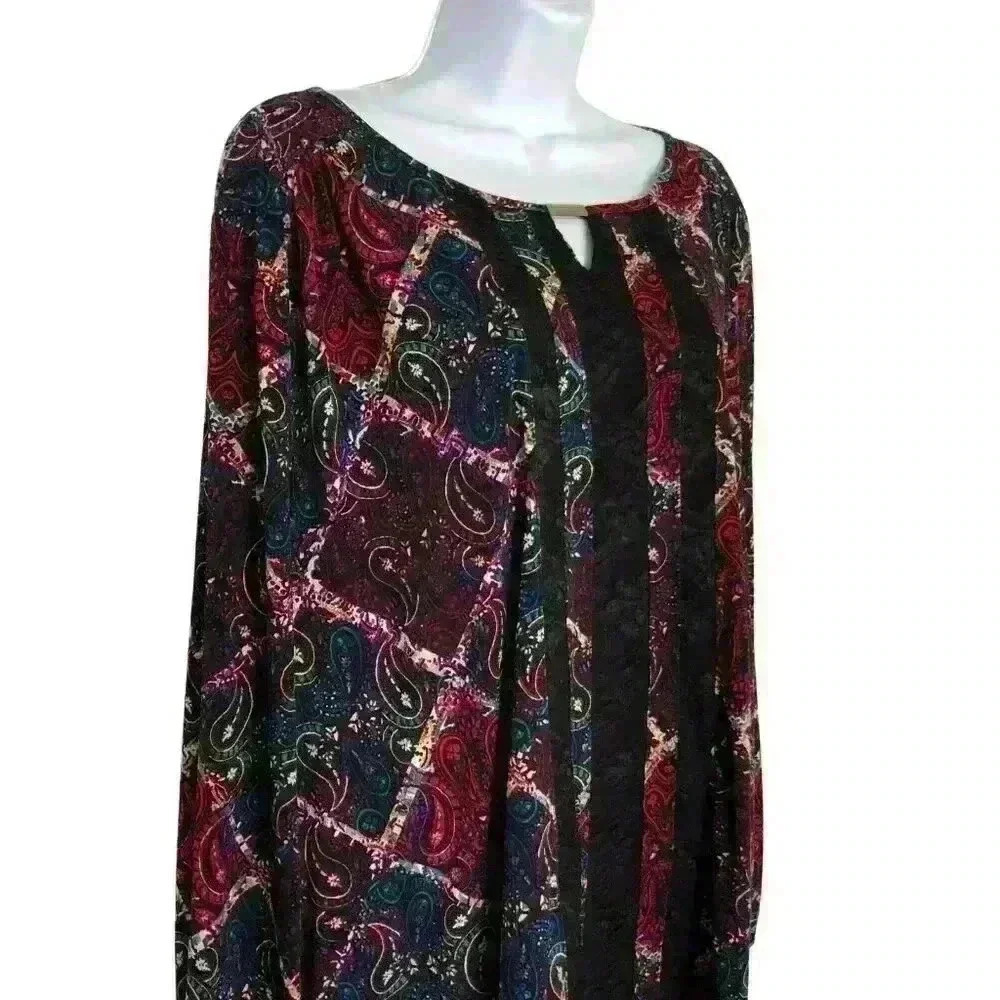 Catherines 1X top scoop neck long sleeve elastic cuff paisley black